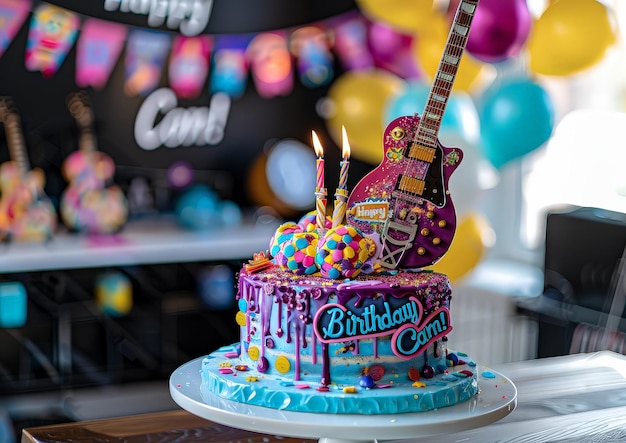 Photo a birthday cake with a guitar on it and a cake with the words happy birthday on it