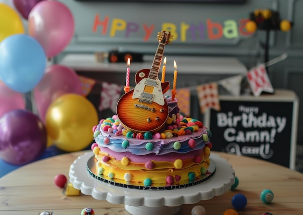 a birthday cake with a guitar on it and a poster for birthday party