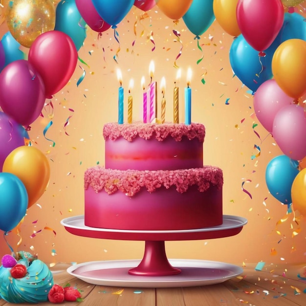 Birthday cake with lit candles and colorful balloons on a wooden background