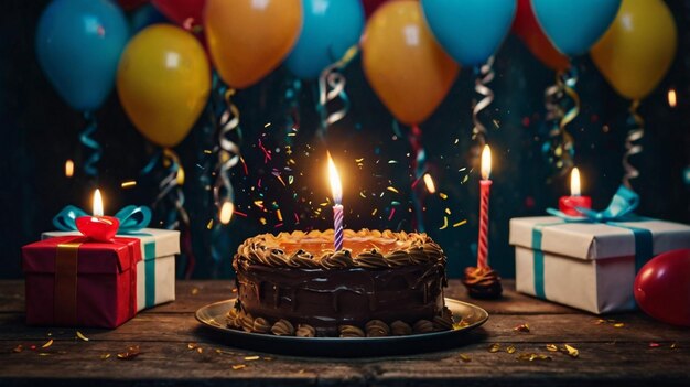 a birthday cake with lit candles on it and a cake with the words birthday on it