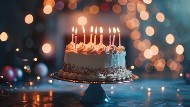 a birthday cake with lit candles on it with the words birthday on the top