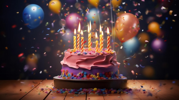 A birthday cake with lit candles surrounded by confetti and balloons