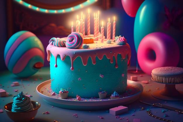 Birthday cake with lit candles on table Generative AI