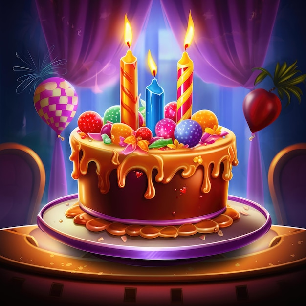 Birthday cake with lit candles on table