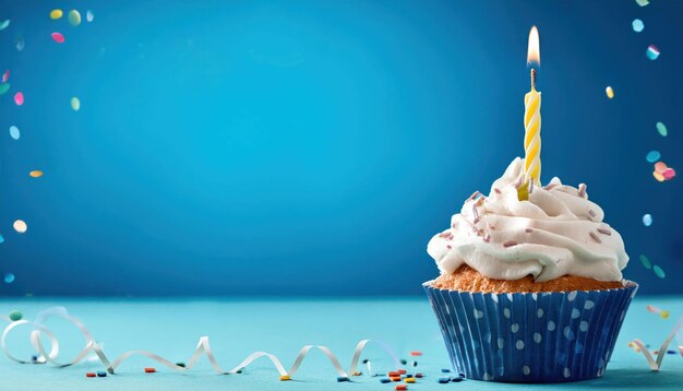 Birthday Cake with One Candle on Blue Background