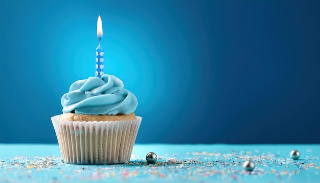 Birthday Cake with One Candle on Blue Background