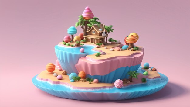 Birthday Cake With Pastel Colors 3D Render Holiday Concept