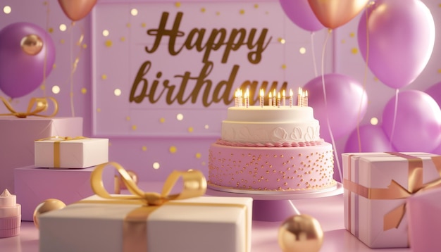 a birthday cake with a pink background with gold stars and gold glitters