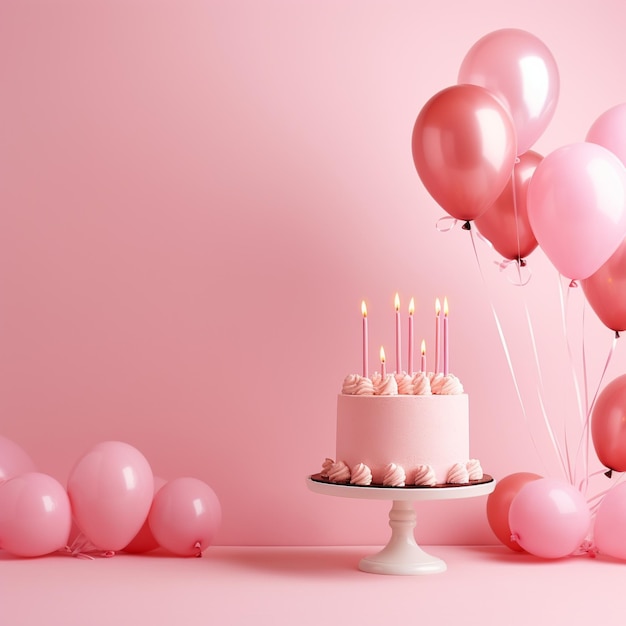 Birthday cake with pink balloons and candles on pastel pink background