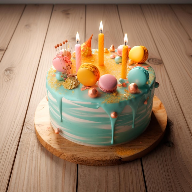 A birthday cake with pink and blue icing and candles on top.