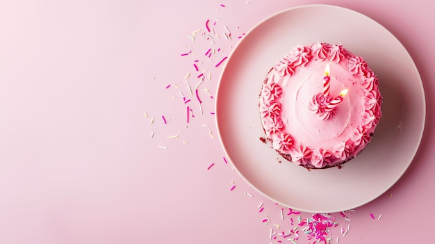 Photo birthday cake with pink frosting and candles on a pink background