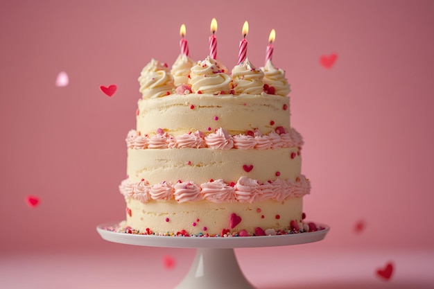 a birthday cake with pink and white hearts and a cake with hearts on it