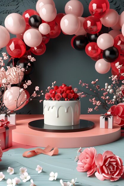 Photo a birthday cake with red and black balloons and a pink table with a cake and balloons