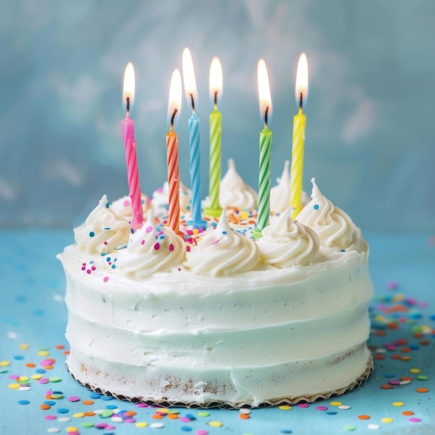 A birthday cake with six lit candles on it