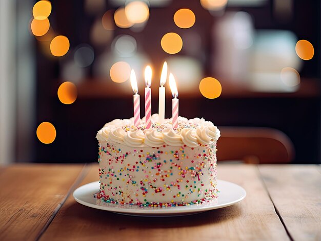 Birthday Cake With White Frosting and Lit Candles