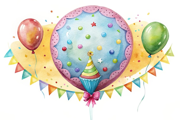 a birthday card with balloons and a balloon with a party hat on it