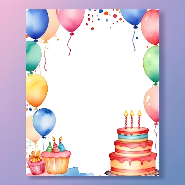 Photo a birthday card with balloons and a birthday cake with the words birthday party on it