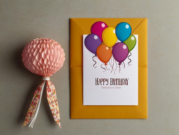 Photo a birthday card with balloons on it and a ribbon tied around it