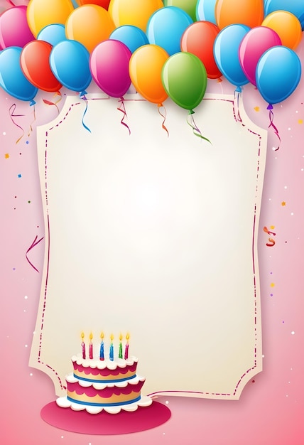 a birthday card with balloons and a pink background with a birthday cake on it