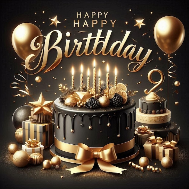 a birthday card with a black background with gold and black decorations