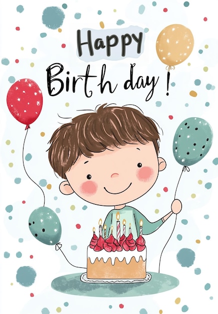 a birthday card with a boy holding balloons and a happy birthday