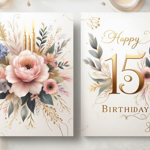 a birthday card with flowers and a cup of coffee