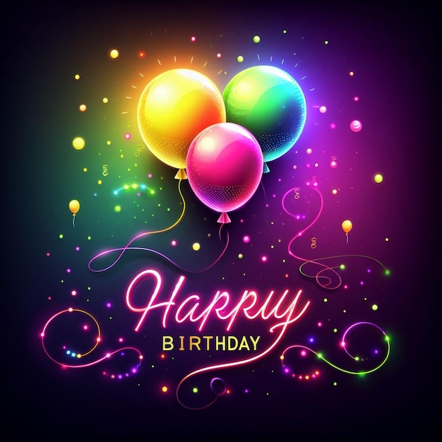 Birthday Card with Neon light effects Creative birthday greeting card with neon balloons