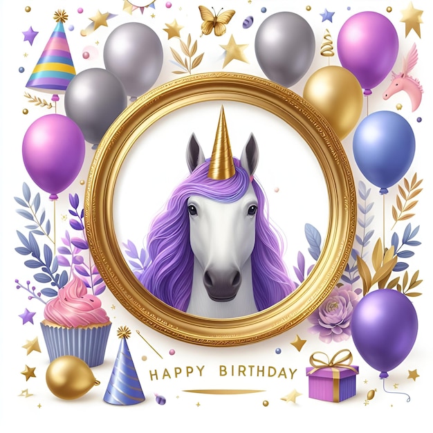 Photo a birthday card with a unicorn and balloons in the center