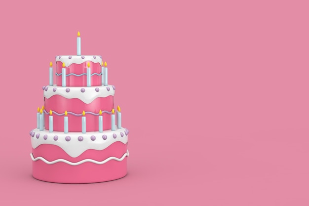 Birthday Cartoon Dessert Tiered Cake with Candles on a pink background 3d Rendering