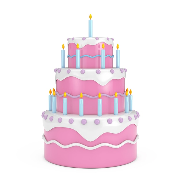 Birthday Cartoon Dessert Tiered Cake with Candles on a white background 3d Rendering