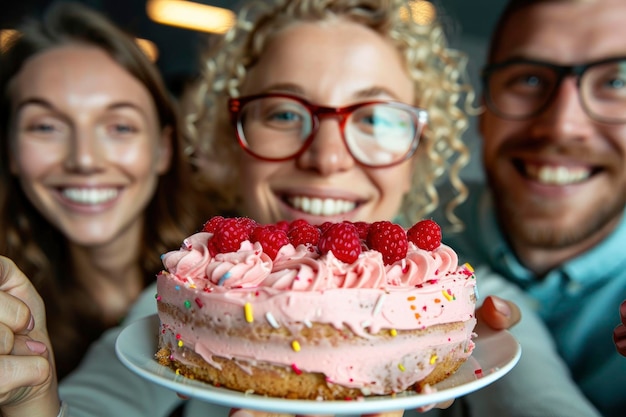 Photo birthday celebration of a female colleague in the office sharing cake and happy moments