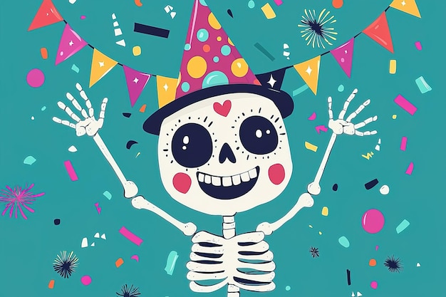 Photo birthday celebration postcard cartoon happy skeleton festive party hat blue with confetti garland