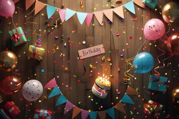 Photo birthday celebration scene with balloons cake and gifts on wooden background