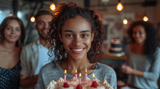 Birthday Celebration with Friends Woman Holding Cake with Lit Candles