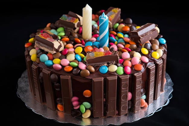 Birthday chocolate cake with candies and candles on a black background A colorful birthday cake decorated with sweet chocolates and candies AI Generated