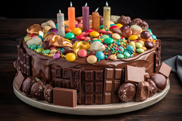 Birthday chocolate cake with candies and chocolate eggs on a wooden background A colorful birthday cake decorated with sweet chocolates and candies AI Generated