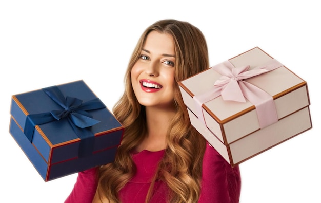 Birthday Christmas gifts or holiday present happy woman holding gift boxes isolated on white background