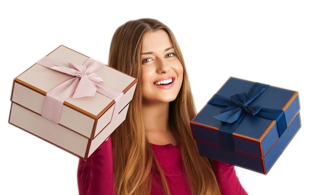 Birthday Christmas gifts or holiday present happy woman holding gift boxes isolated on white background