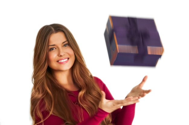 Birthday Christmas or holiday present happy woman holding a purple gift or luxury beauty box subscription delivery isolated on white background