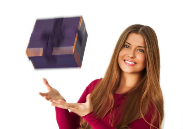 Birthday Christmas or holiday present happy woman holding a purple gift or luxury beauty box subscription delivery isolated on white background