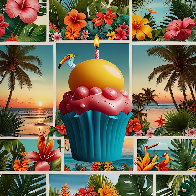 A birthday collage with a tropical paradise theme