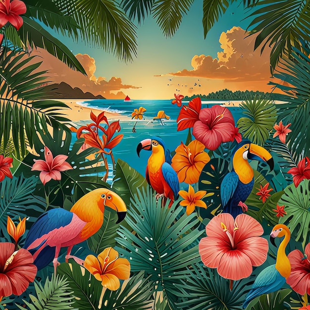 A birthday collage with a tropical paradise theme