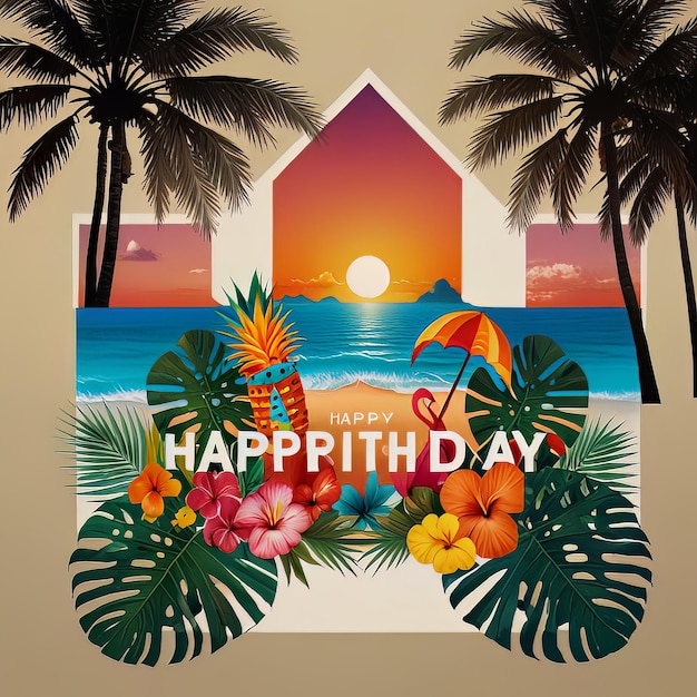 A birthday collage with a tropical paradise theme