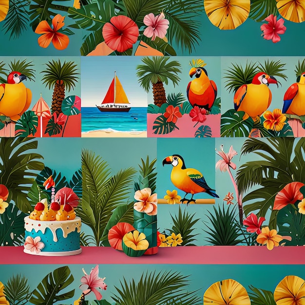 A birthday collage with a tropical paradise theme