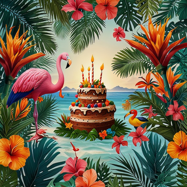 A birthday collage with a tropical paradise theme