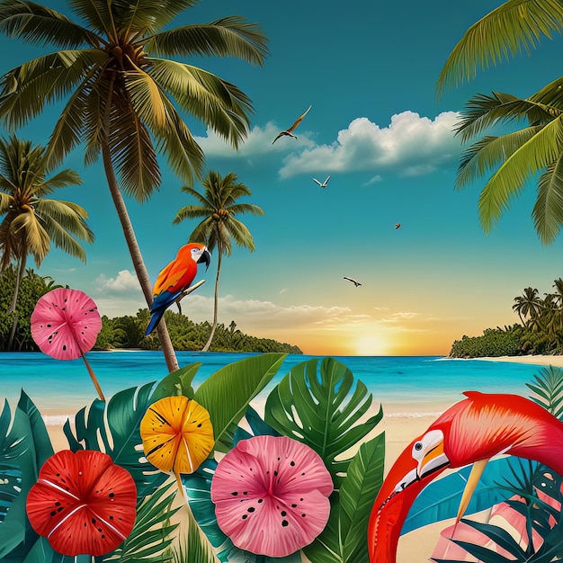 A birthday collage with a tropical paradise theme