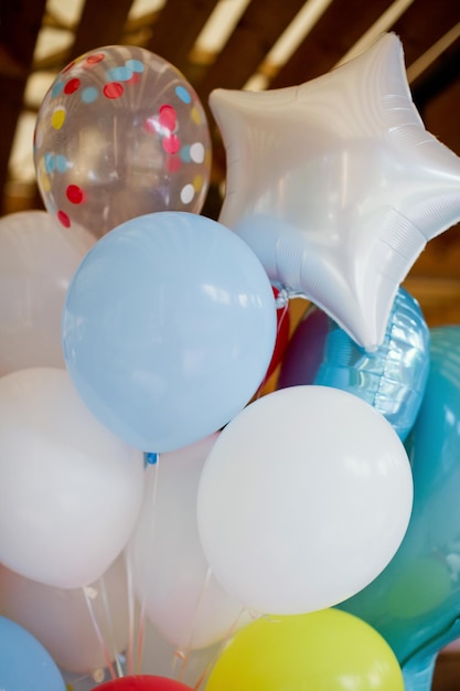 Birthday colorful balloons White blue yellow and transparent balloons with confetti