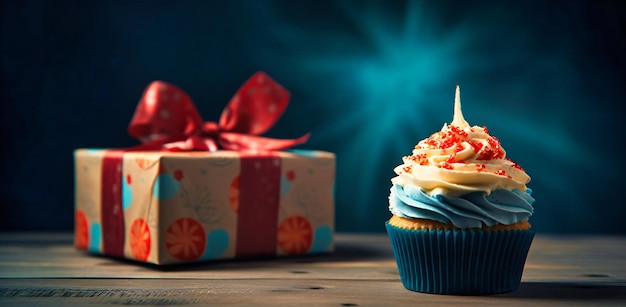 A birthday cupcake next to a gift wrapped cake