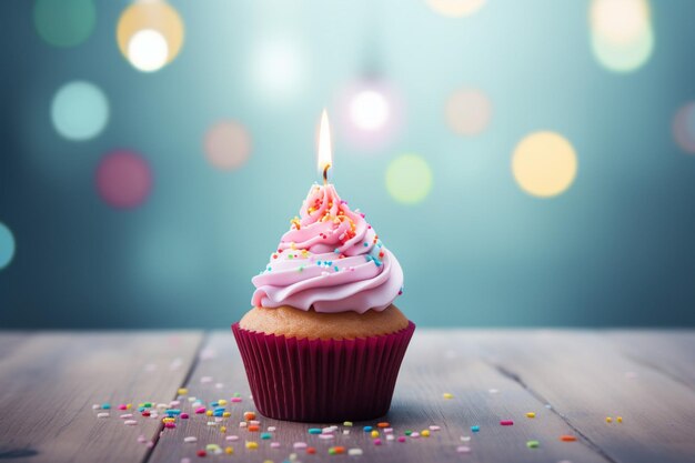 Birthday cupcake with candle and balloons