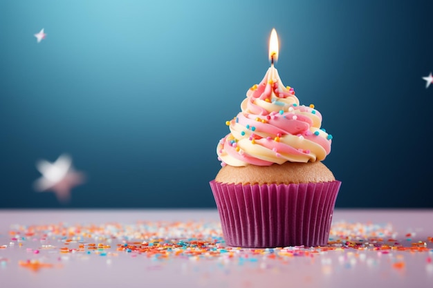 Birthday cupcake with candle and balloons